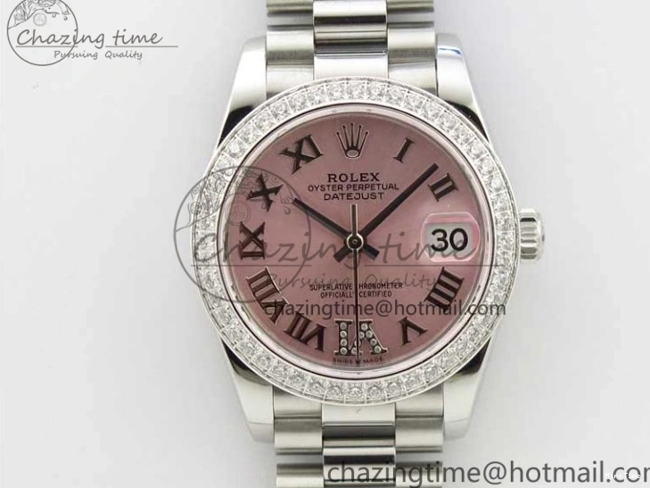 MiroTime 0402 Datejust 31mm 278275 SS Crystal Bezel BP Maker Best Edition Pink Roman Dial Crystal @6 on SS President Bracelet Contemporary 3082